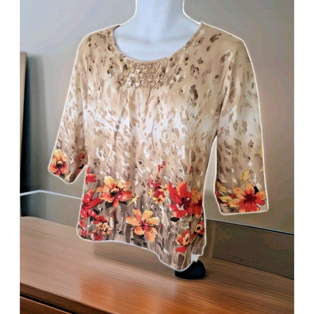 Alfred Dunner Popover Top L   Tan Brown Bright Florals 3/4 Sleeve Relaxed Fit